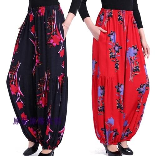 The new womens national wind pants dance pants printing pants fashion cotton and linen wide leg pants trousers