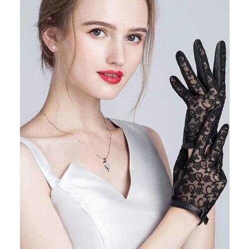 Touch screen New Lady Luxury Elegant Genuine Leather Lace Gloves Women SPring Driving leather Gloves Mittens Women Party Gloves