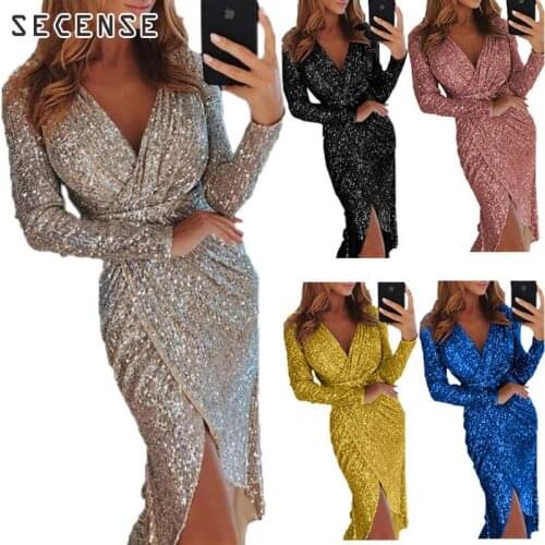 Bodycon Elegant Women Dress Sexy Deep v-Neck Shiny Sequins Party Dress Long Sleeve Split Sheath Sashes Midi Dresses Vestidos