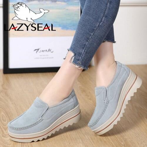 LazySeal Women Shoes Platform Sneakers Flats Heels Thick Sole Genuine Leather Suede Casual Shoes Slip On Creepers Moccasins