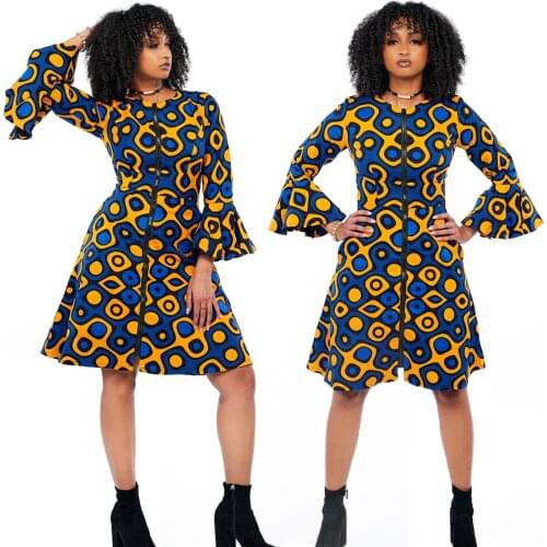 2021 Summer Autumn Womens Dresses National Wind Zipper Empire A-line Digital Print Medium-length Skirt Horn Sleeve Dress