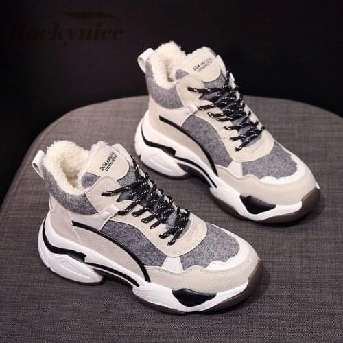 Winter Boots Women Chunky Platform Sneakers 8cm Warm Fur Non-slip Patchwork Vulcanize Shoes Female Dad Shoes Sapatos De Mujer