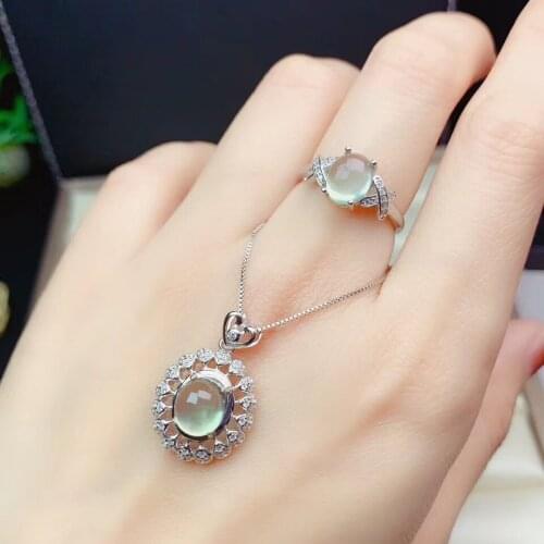 100% Real and Natural Prehnite Jewelry set Natural And Real Prehnite Set 925 sterling silver Fine jewelry 1pc Ring,1pc Pendant