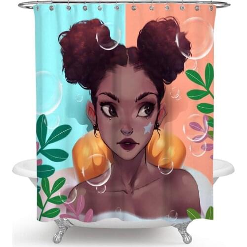 Afro African Black Cute Girl Woman Lying On The Bathtub with Bubble Green Leaf Deocr Curtain