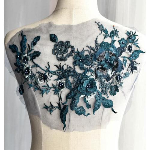 1 piece dark green Lace applique, bead lace applique with 3D flowers, handmade headpiece lace appliques