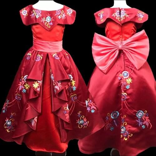 Kids Dress Cosplay Costume Princess Elena Red Flower Ball Gown For Little Girl Halloween Birthday Party Dresses