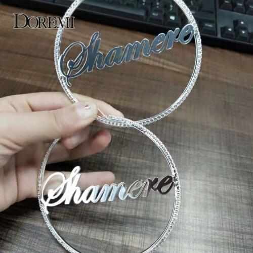 DOREMI 2mm White Zircon Name Earrings Thin hoop Custom-named Stainless Personalized Earring Hip-hop Style Custom hoop 5-9cm