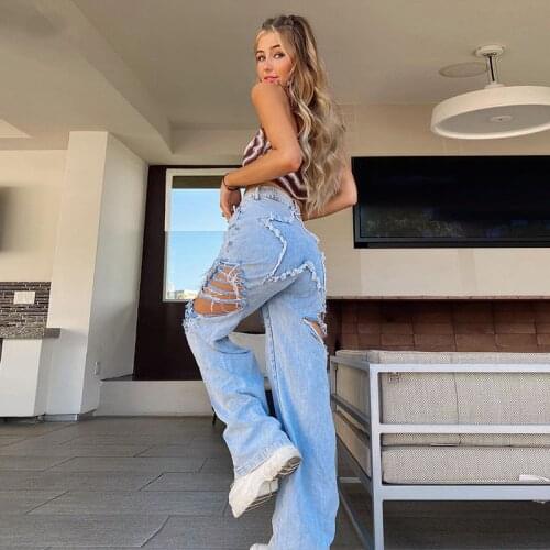 SEASONS Fairy Grunge Casual High Street Cotton Jean Women Hole Loose Wide Leg Pants Five-pointed Star Hip Stitching ASPA83251