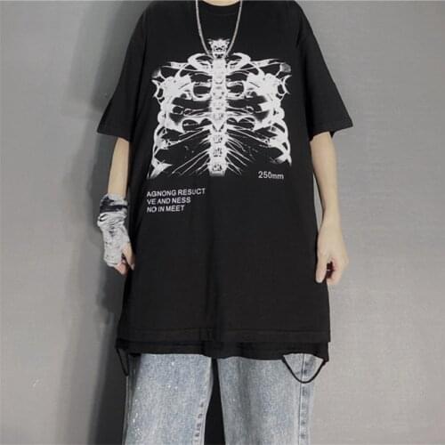 Womens Gothic Punk Skeleton Printed Oversized T-Shirt Short Sleeve Loose Pullover Top Summer 90s Y2K Harajuku Streetwear
