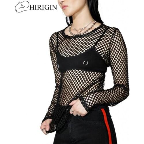 Gothic Fishnet Exposed T-Shirt Women Hipsters Vintage Casual Tops Loose Summer Sheer Mesh Tops T Shirt