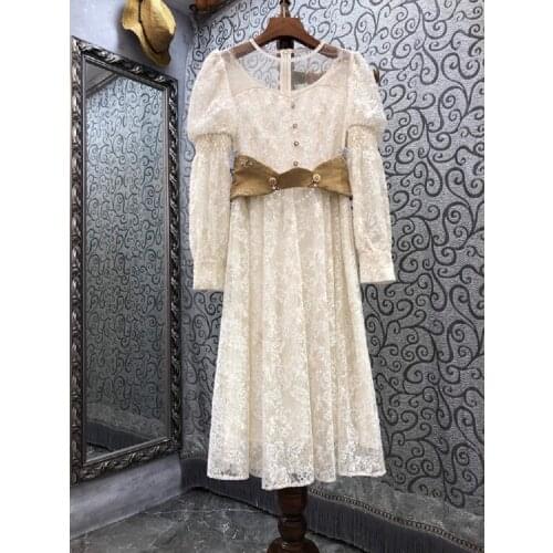 Top Quality Lace Dress 2021 Autumn Party Events Women Sexy Tulle Mesh Beading Wide Belt Deco Mid-Calf Length Dress Vestido Festa