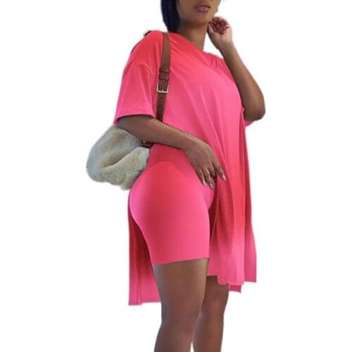 Hot Sale Fashion Casual Loose Short Sleeve Solid Color Women Outfit Two Piece Tunic Top Bodycon Shorts Set for Lounge Plus Size