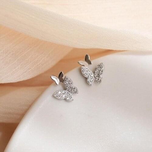 Sweet Double Butterfly Zircon Stud Earrings For Women Girls Trend Creative 925 Sterling Silver Party Gifts Jewelry SAE442