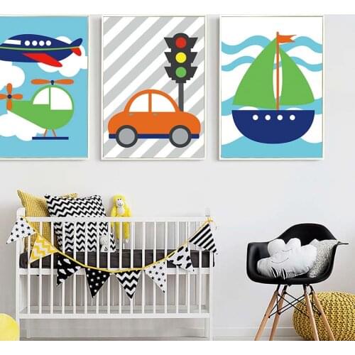 Cute Car Rocket Cartoon Posters Hd Print Watercolor Canvas Painting Nordic Style Kids Room Decoration Wall Art Picture No Framed