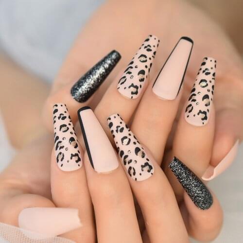Leopard Pattern Beige Nude Press on False Nails Long Ballerina Coffin Black Glitter Matte Frosted Fake Fingersnails Tips Tool