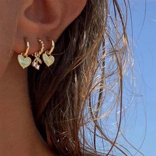 JUST FEEL 4Pcs/Set Heart Gold Color Small Hoop Earrings Cherry Rhinestone Geometric Earrings for Women Trendy Cute Jewelry Gift
