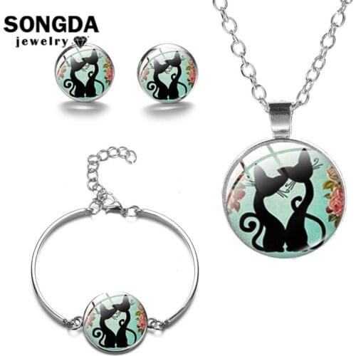 SONGDA Black White Cat Necklaces Bracelet Earrings Animal Kitten Glass Photo Pattern Pendant Jewelry Set Dome Jewelry Findings