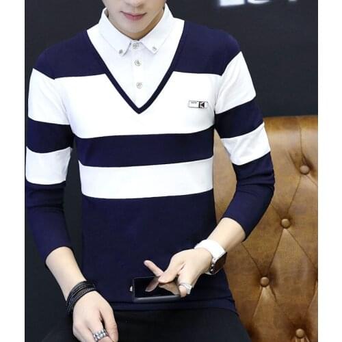 Thin Spring, Autumn and Winter New Collar Mens Long-Sleeved T-shirt Mens Shirt Collar Fake Two-Piece Brushed and Thick