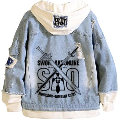 Sword Art Online SAO Print Harajuku Women Streetwear TouHou Project Long Hooded Denim Jacket Unisex Sweatshirt Japanese Hoodies