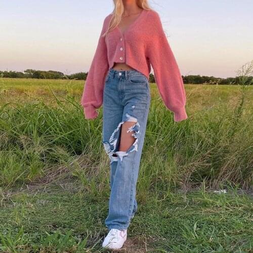 Womens Pants Blue Jeans Baggy Aestietic High Waisted Jeans Straight Leg Cargo Pants Denim Trousers Streetwear Y2k Ripped Hole