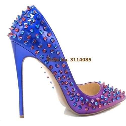 Women Purple Blue Gradient Color Patent Leather High Heels Newest 12cm Heel Rivets Dress Shoes Patchwork Studded Wedding Shoes