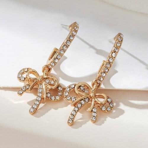 2021 New Vintage Statement Bowknot Dangle Earrings For Women Trendy Zircon Gold Color Female Jewelry Valentine Party Gifts