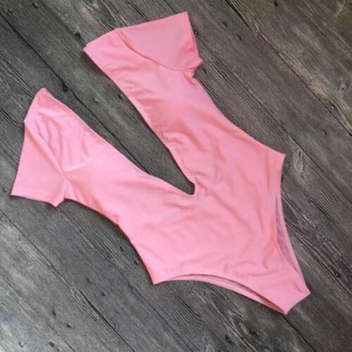 Summer Womens New Deep V Open Back Short Sleeve One Piece Swimsuit Beach Resort Swimsuit Solid Sexy Tight Multicolor Bikini