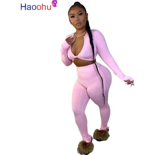 Women Fitness Two Piece Set Lounge Wear Outfits Deep V Neck Long Sleeve Crop Top and Fitness Legging Pant Activewear Sporty Suit