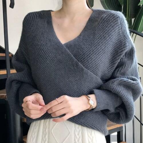 2021 V-neck Loose Sweater Woman Autumn white Sweater Long-sleeved Top Elegant Women Sweater Temperament Warm Pull Femme 16536