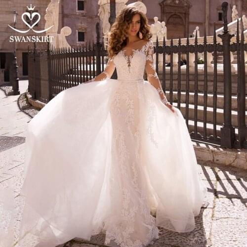 Long Sleeve Mermaid Wedding Dress 2021 Sweetheart 2 In 1 Detachable Train Princess Bride Gown SwanSarah LZ09 Robe De Mariage