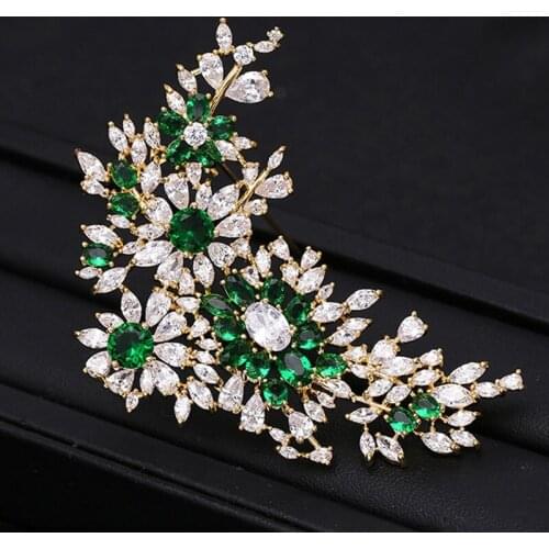 Zlxgirl green and clear cubic zircon flower Brooch pins bridal jewelry metal Gold color womens Scarf pins Hijab accessory