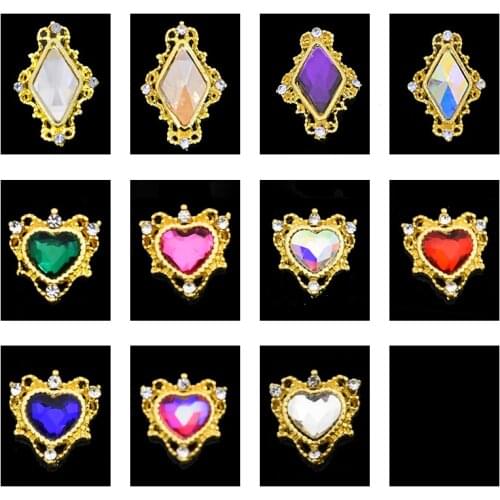 10 Pcs Nail Art Crystal Charms Love Heart/Diamond Rhinestones Gold Flatback Gems For Nail Jewelry Strass Manicure 3D Stickers M