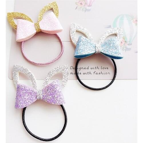 2pcs/lot Glitter Purple Rabbit Ear Elastic Hair Bands Sparkly Pink Bunny Ear Girls Hairbands Light Blue Kid Birthday Gift