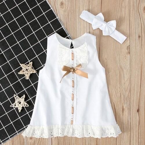 2021 Baby Summer Clothing 0-24M Infant Newborn Baby Girl Lace Dress Sleeveless Bowknot Rib Solid White Shift Gown Headband