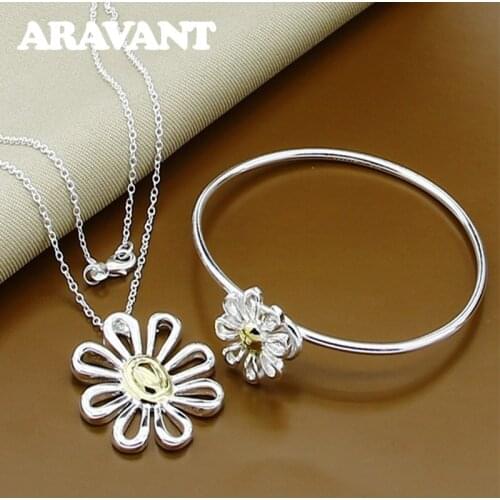 925 Jewelry Daisy Flowers Necklace Bangles Jewelry Sets For Women Fashion Silver Jewelry