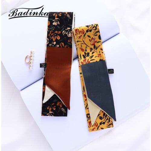 Badinka 2021 New Designer Long Skinny Floral Scarf Bandana Women Fashion Silk Hair Wrap Headband Scarves for Ladies Accessories