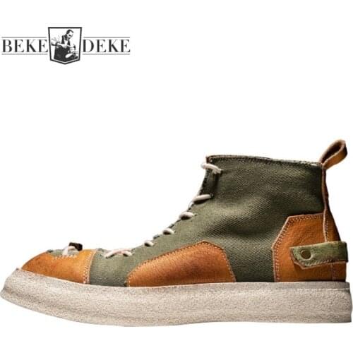 Retro Boots Mens Genuine Leather Casual Shoes Lace Up Mixed Colors High Top Canvas Shoes Flat Platform Round Toe Short Boots Men