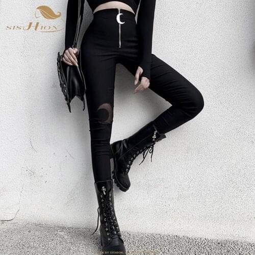 Black Pencil High Waist Pants Gothic Moon Zipper Hollow Out Bodycon Women Long Trousers Casual Streetwear Vintage Pants VD2207