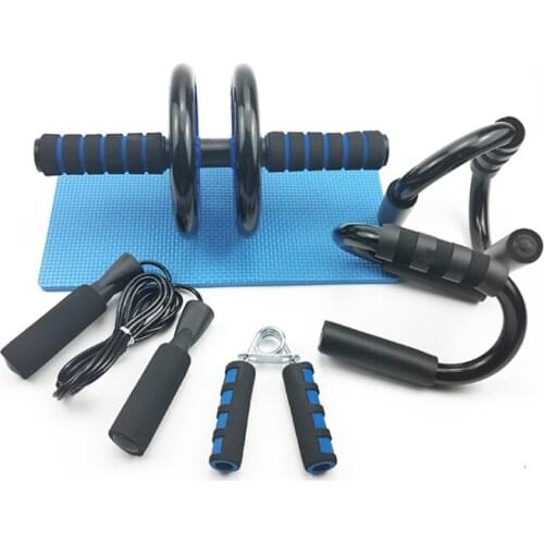 Black and blue double-wheeled abdomen wheel combination set 4-piece set of abdominal muscle wheel push-ups grips indoor fitness