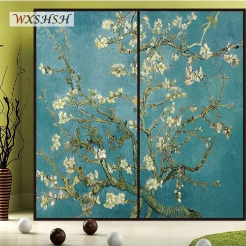 Custom Size Wardrobe Door Film Static Cling Countryside Van Gogh Apricot Blossom Star Oil Painting PVC Window Sticker 40cmx100cm