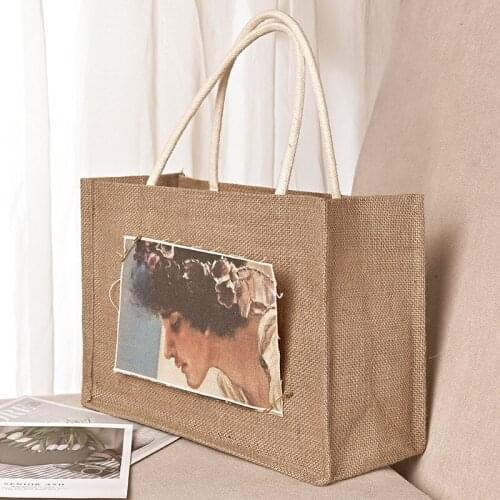 Jute Tote Bags Burlap Bags with Soft Handles Reusable Shopping Bags Womens Summer Beach Travel Bag H88F