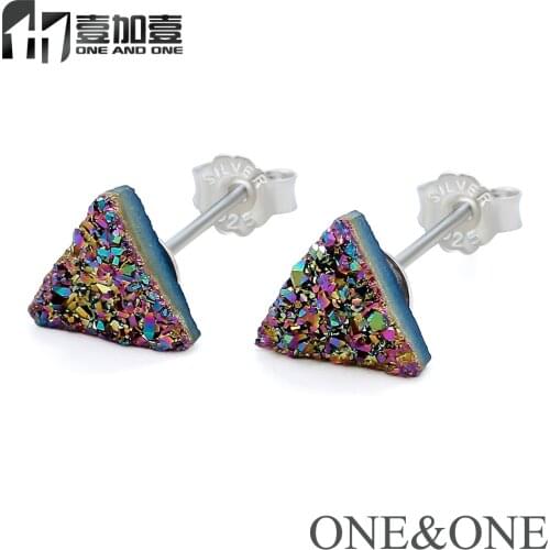 EYIKA Wholesale Natural Druzy Stone Earring Silver color Ear stud holder Positive Triangle 6/8mm Opal Drusy women Stud Earring