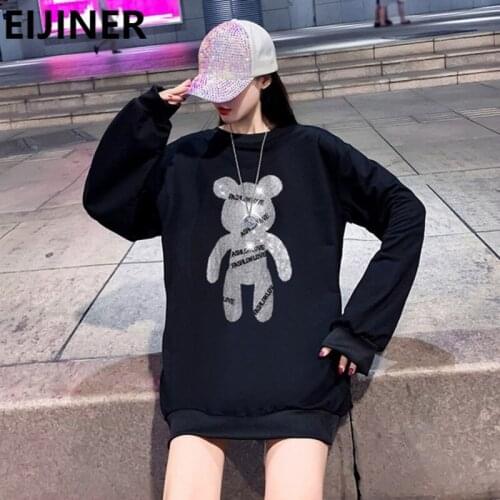 Hot Diamond Cartoon Bear Print Crewneck Hoodie Women Korean Casual Oversized Sweatshirt Harajuku Kawaii Couple Streetwear