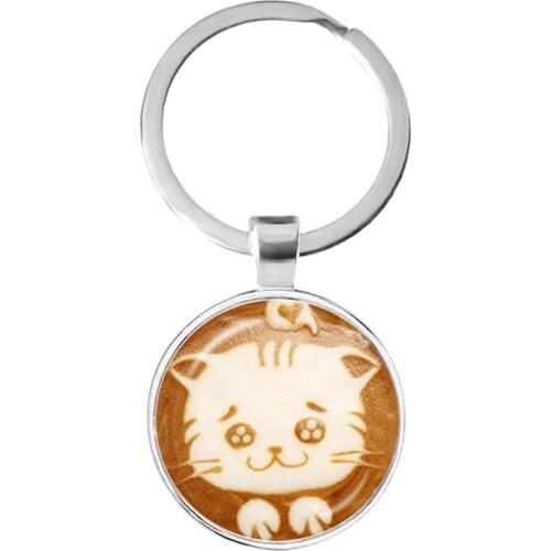 Coffee Latte Carving Chocolate Printing Cat Glass Cabochon Keychains Love Heart Flower Clover Snowflake Keyring Key Holder Gift