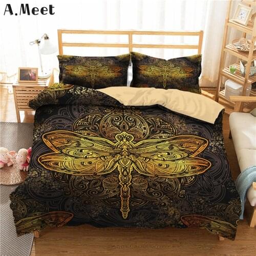Black And Gold Print Bedding Set 3D Hot Stamping Comforter Bed Linen Double Duvet Cover Luxury Dreamcatcher Dragonfly 260 King