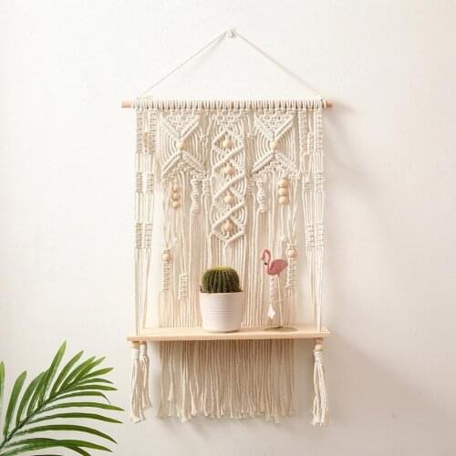 Shelves For Bedroom Planter Boho Macrame Tassel Wall Hanging Shelf Cotton Rope Woven Plant Hanger Wood Floating Shelf Home Decor