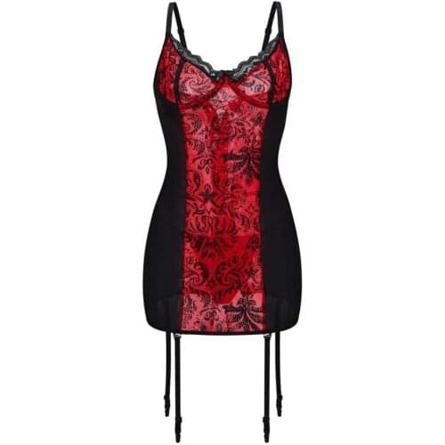 Red & Black Floral Printed Mesh Lace Up Back Erotic Dress Sexy Lingerie For Plus Size Women Nightwear Sleepwear Babydoll Chemise