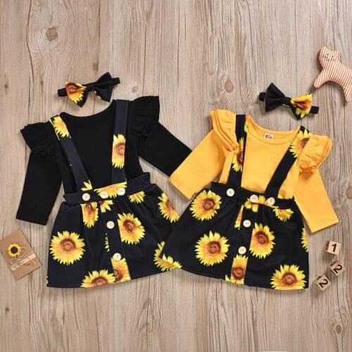 Baby Girls New Fashion Sunflower Floral Romper Toddler Bib Dress Newborn Headband Outfits Girl Sundress Clothes Set