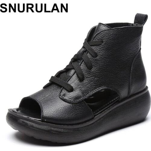 SNURULAN Promotion High Cowhide Summer Women Sandals Summer Leather Sandals Fish Mouth Shoes Roman Sandals Platform Wedge Sandal