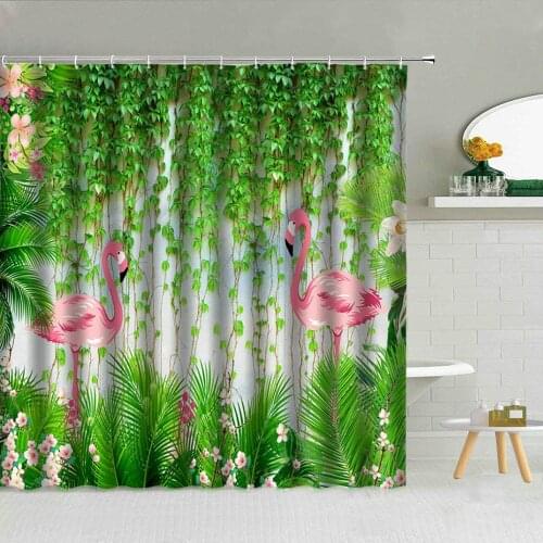 Tropical Rainforest Bird Shower Curtains Green Vine Leaves Flower Flamingo Parrot Bathroom Decor Waterproof Fabric Curtain